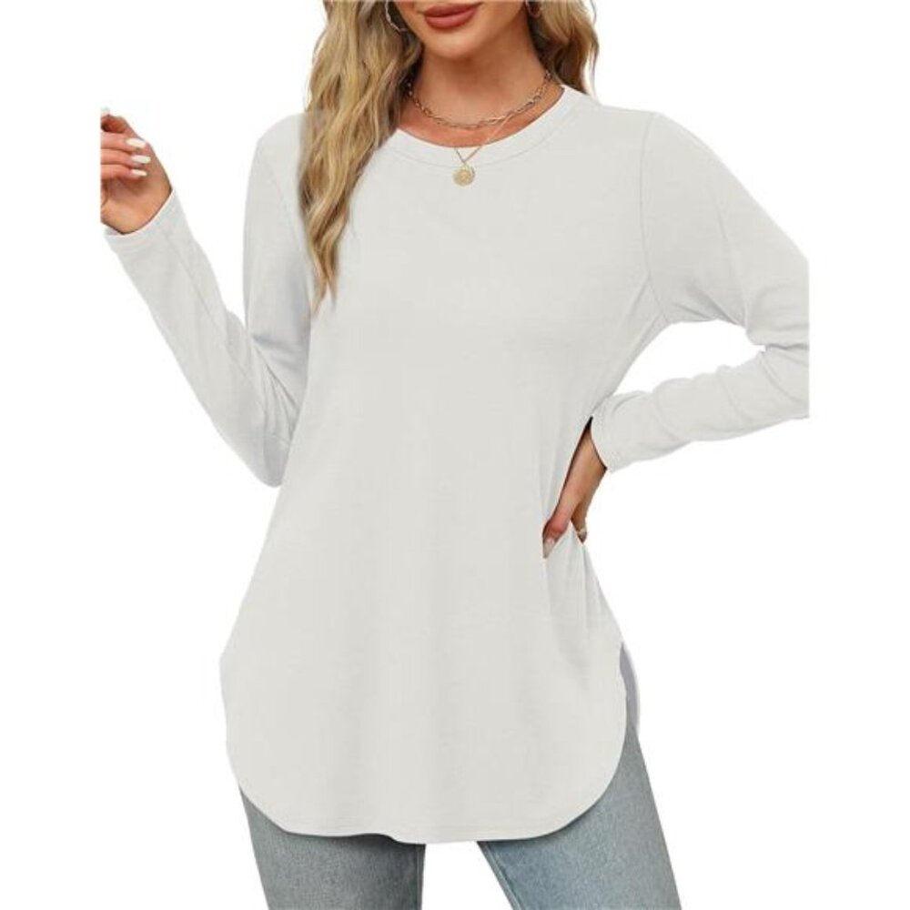 Womens Long Sleeve Round Neck Shirts Side Split Basic Loose Tunic Tops